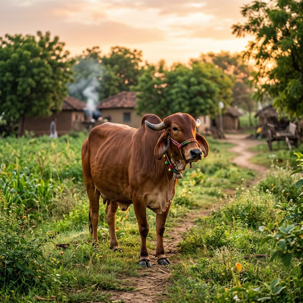 Sacred Gir Cow grazing in Panchvaad Gujarat